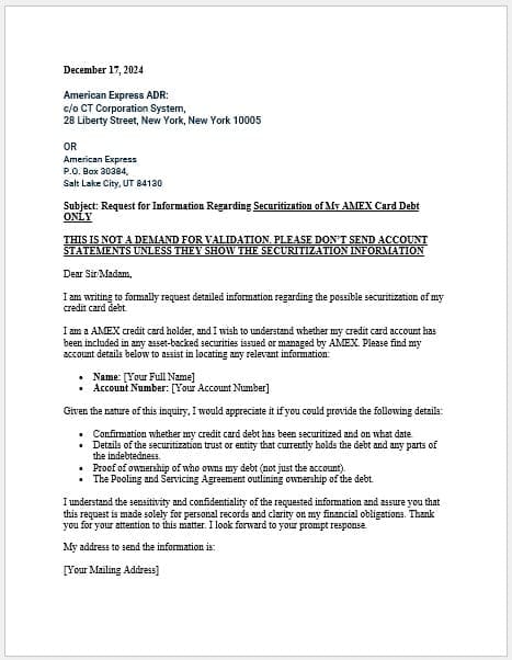 AMEX Securitization Letter