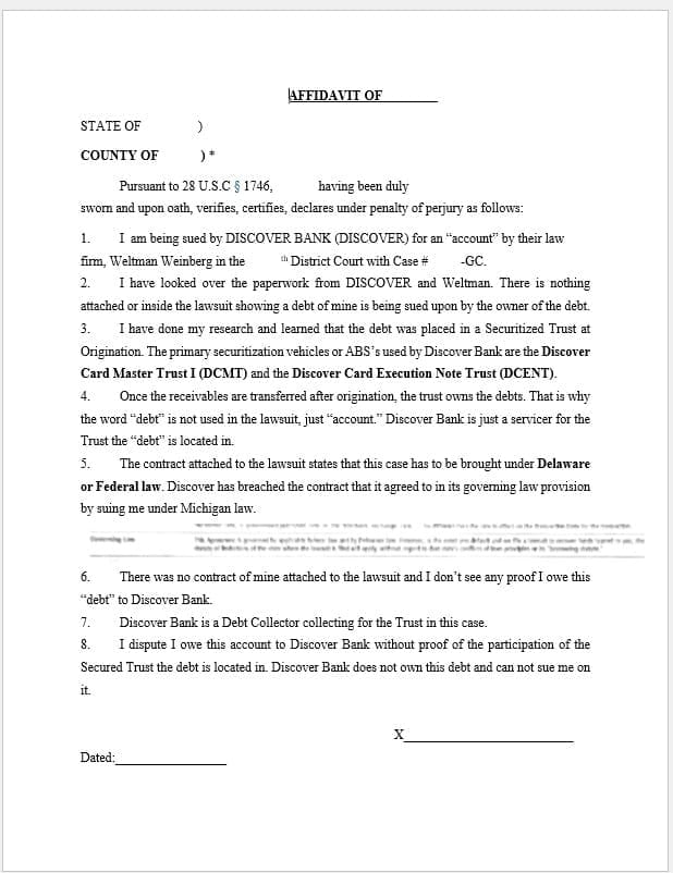 Affidavit of Dispute against DISCOVER BANK