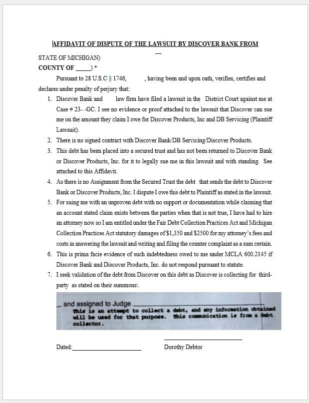 Affidavit of Dispute for Discover Products DB Servicing