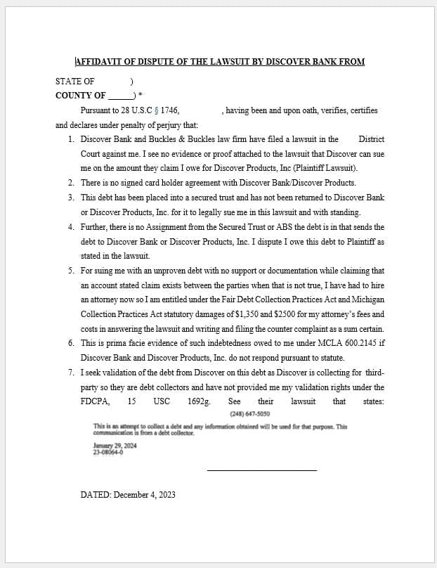 Affidavit of Dispute for Discover mini-Miranda