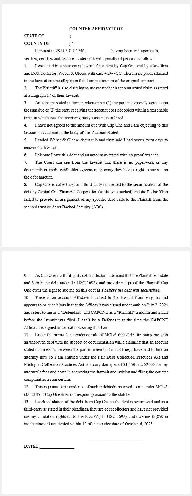 Cap One Template Counter Affidavit