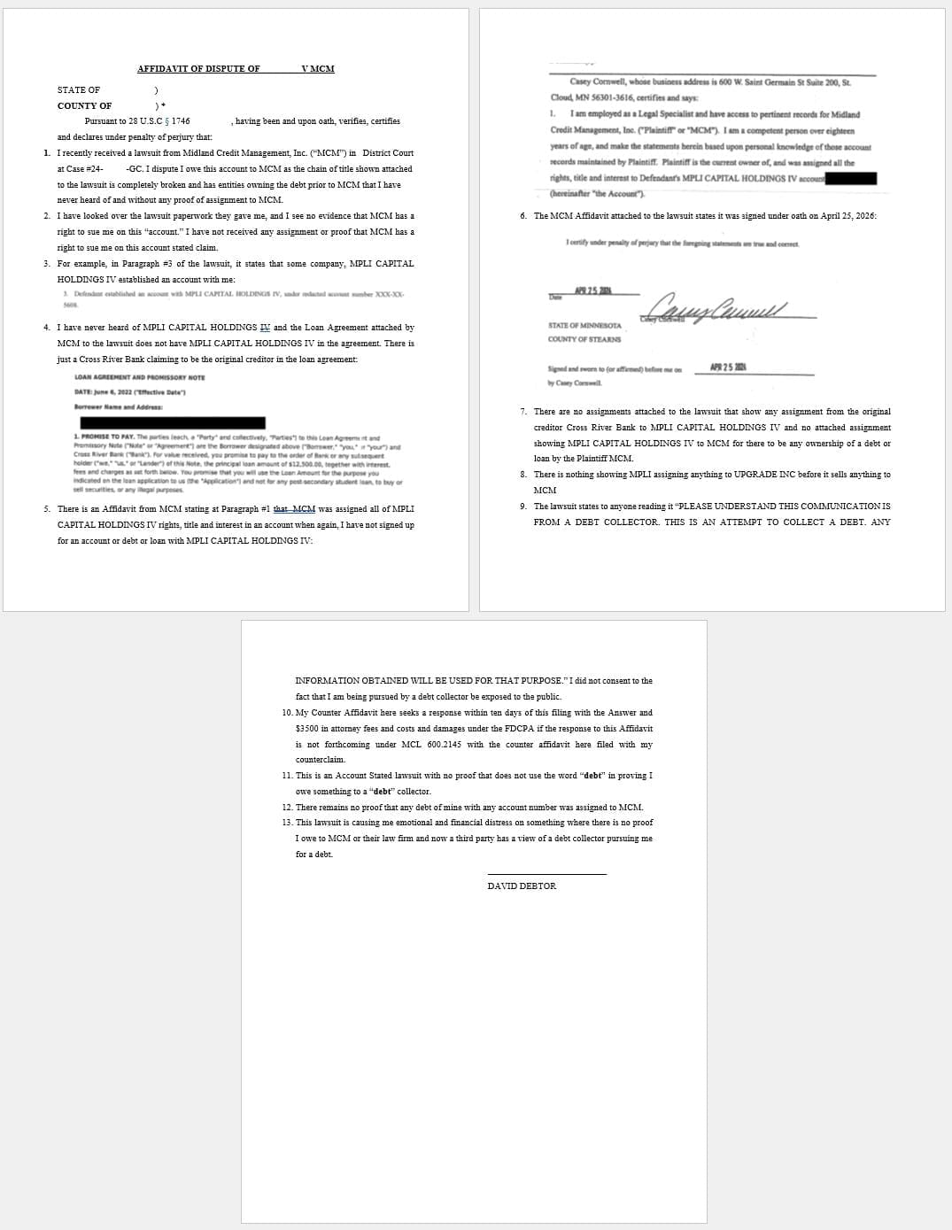 Counter Dispute Affidavit for MCM Template