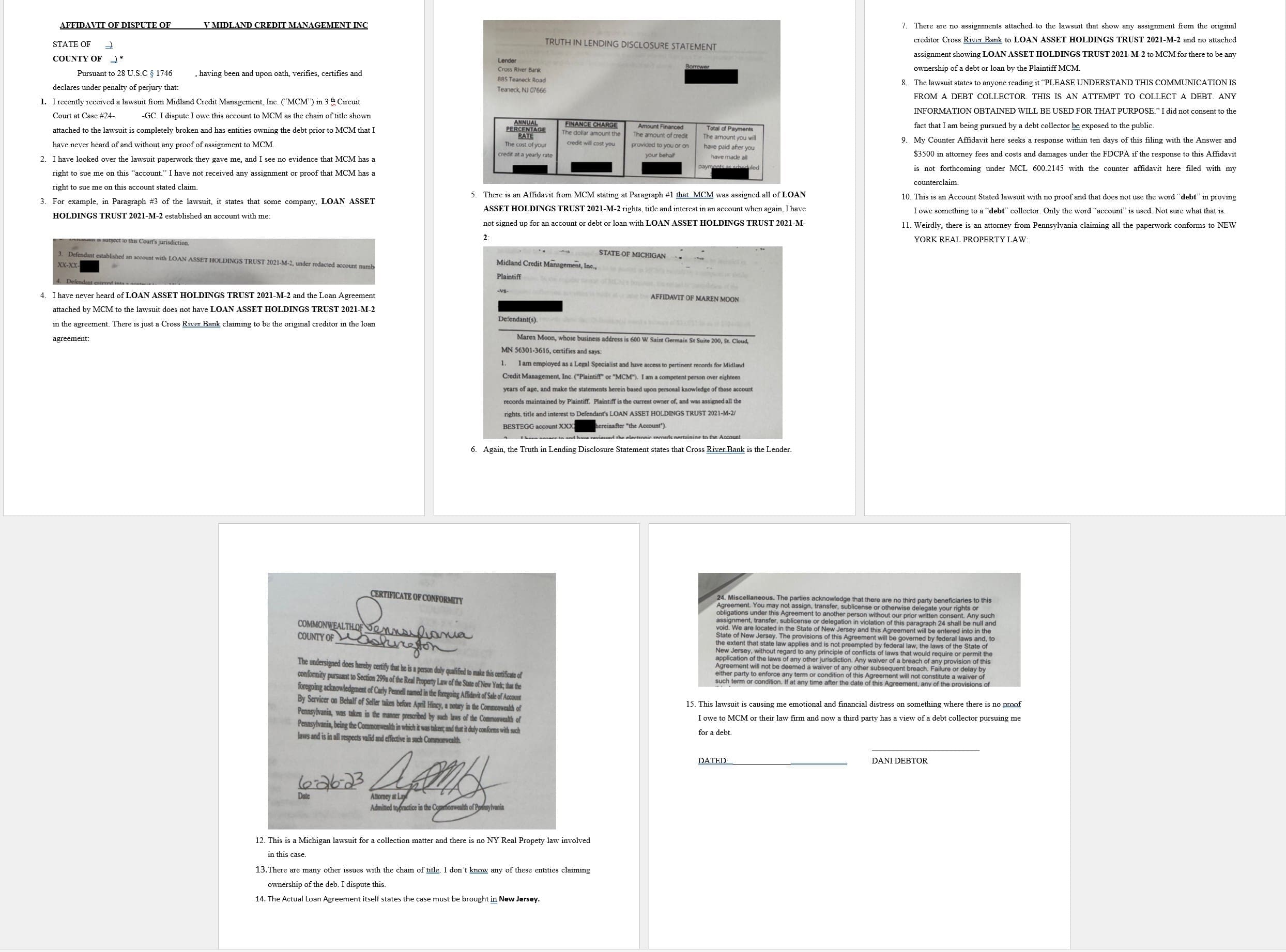 Counter Dispute Affidavit for MCM Trust case