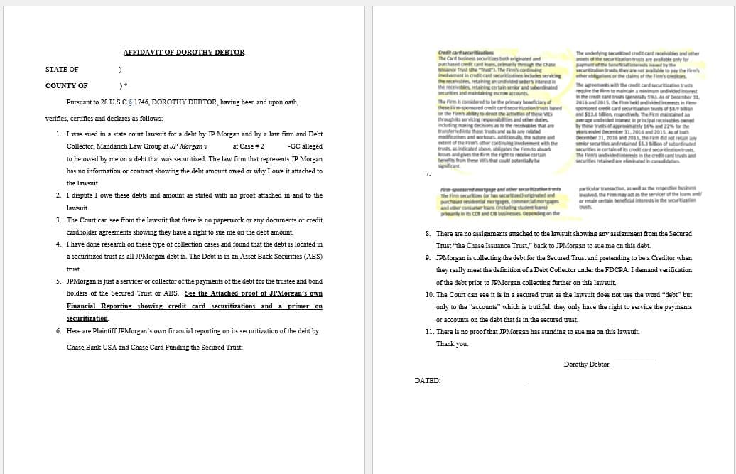 Debtor vs JPMorgan Affidavit of Disputes