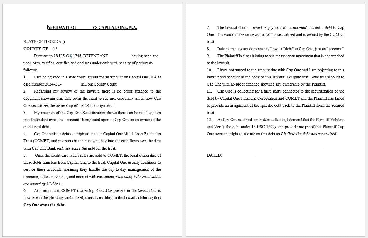 FLORIDA Counter Affidavit TEMPLATE v Cap One