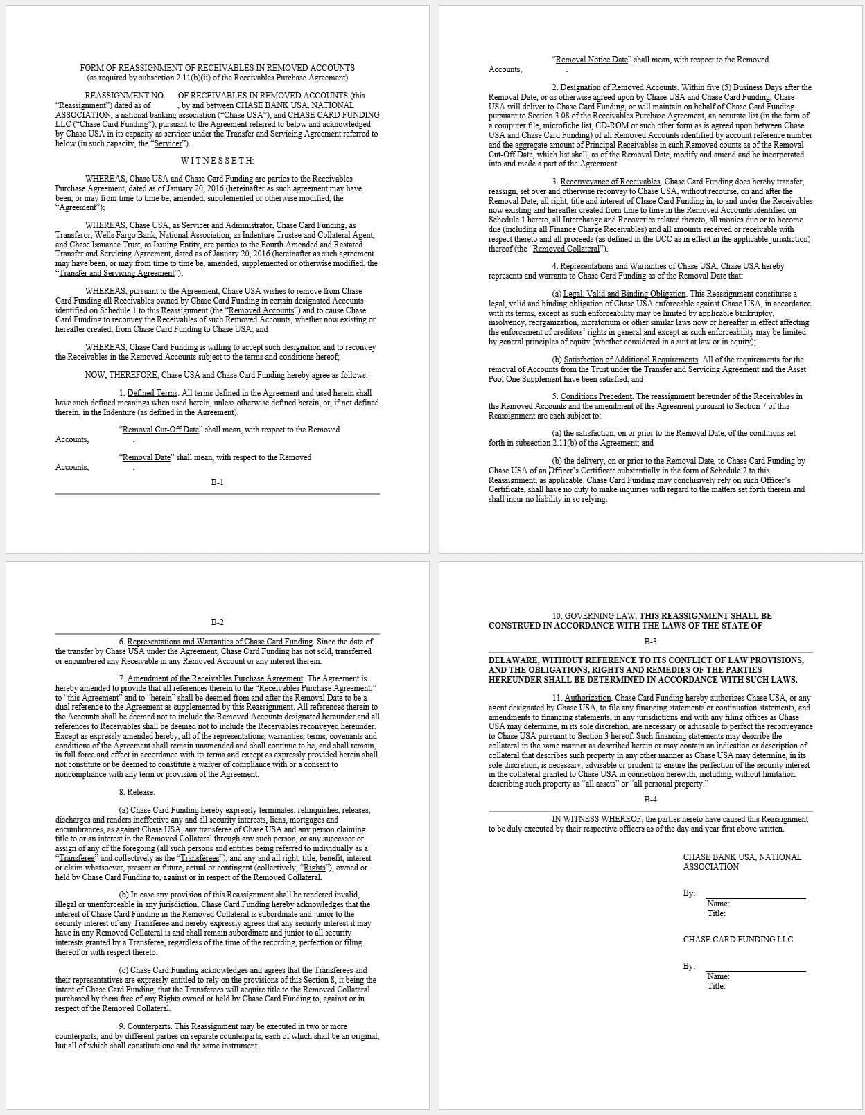Form of Reassignment of Receivables in Removed Accounts