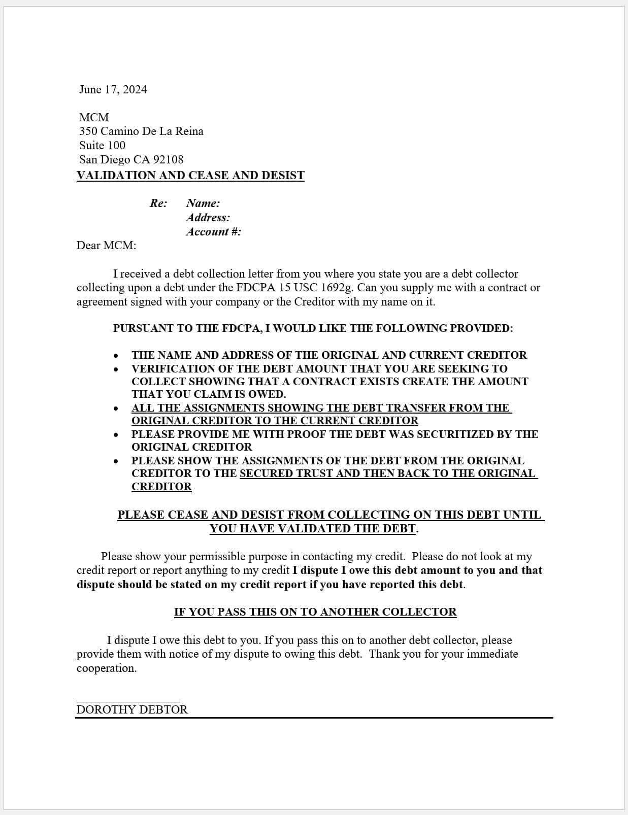 MCM Debt Validation Lawsuit Letter