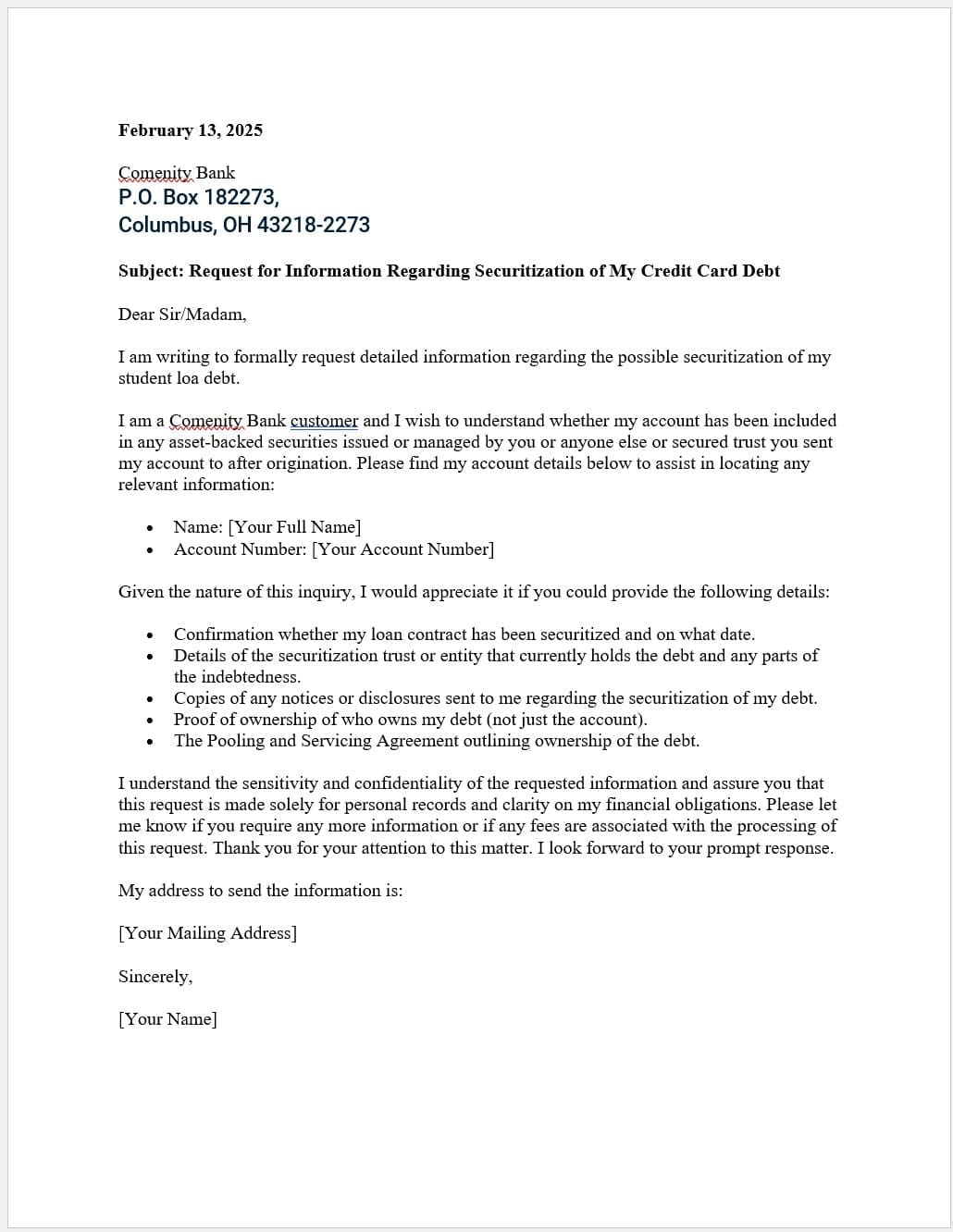 Comenity Bank Securitization Letter