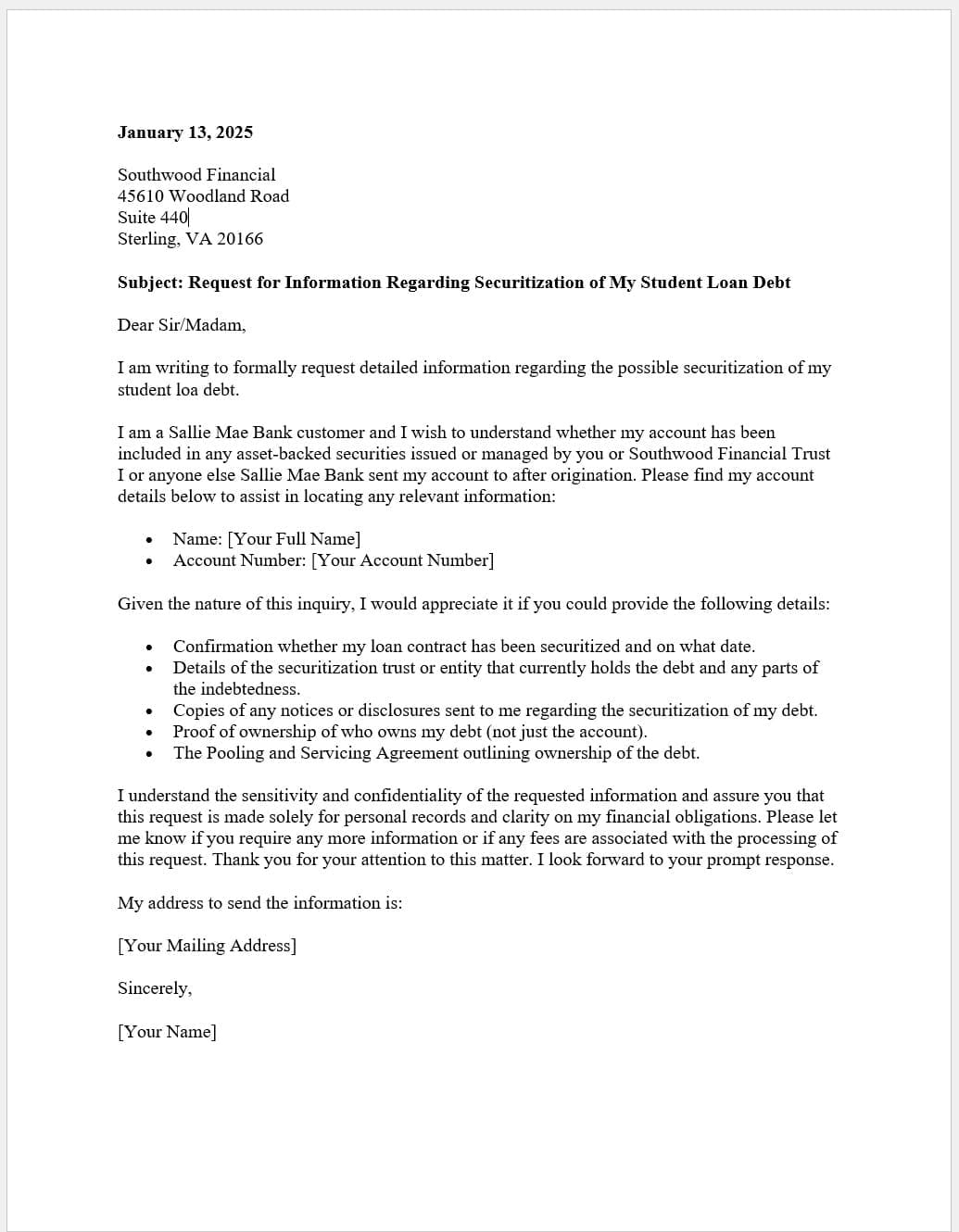 Student Loan Securitization Letter