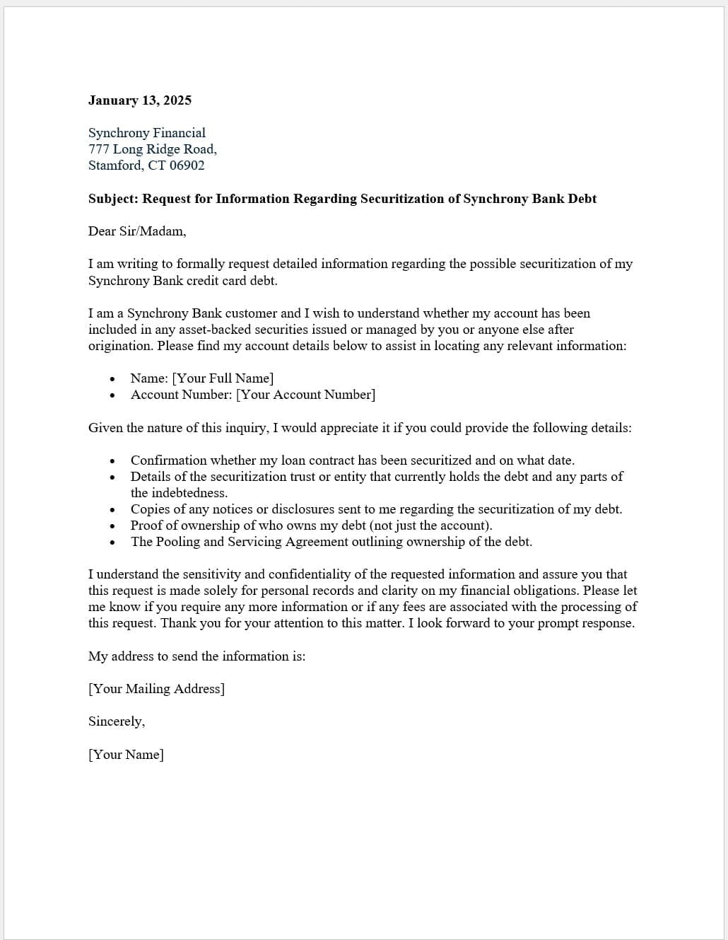 Synchrony Bank Securitization Letter