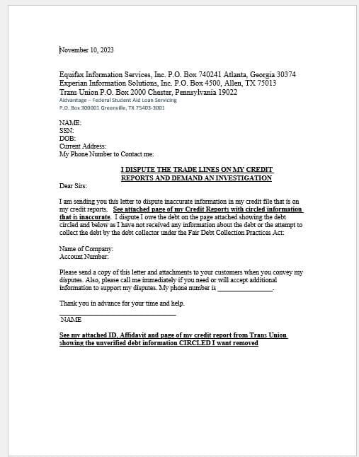 Example of Student Loan Dispute Letter