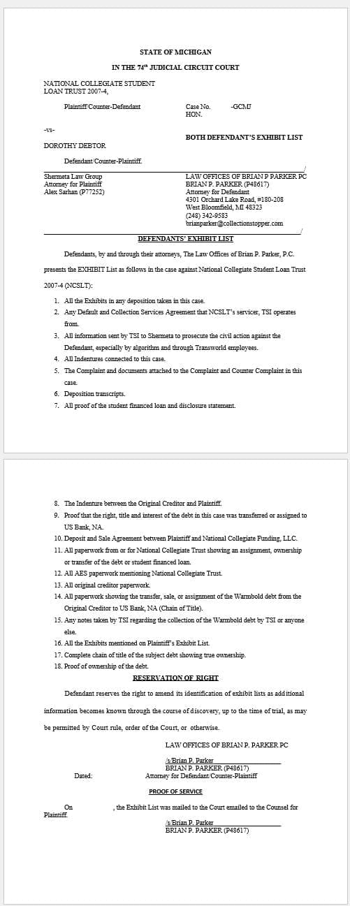 Student Loan Exhibit List