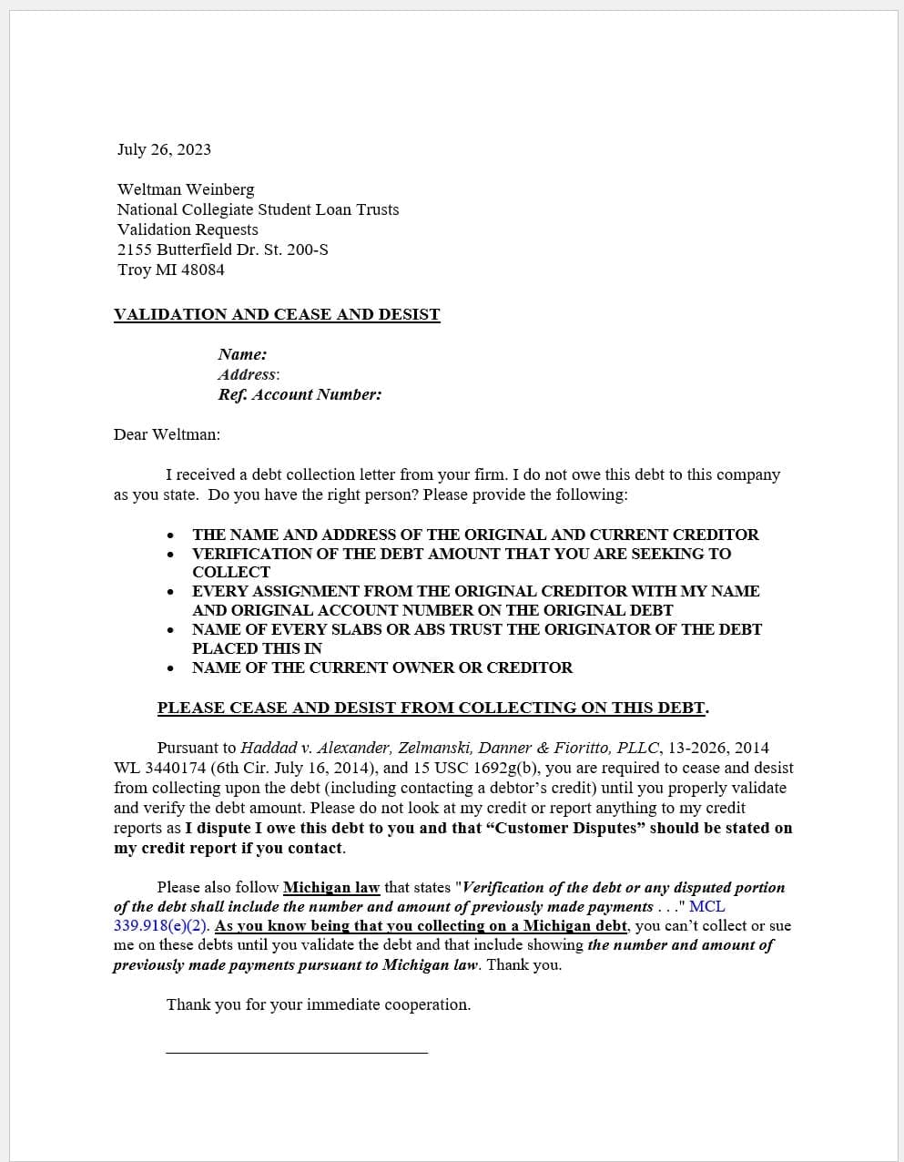 Student Loan Validation Letter