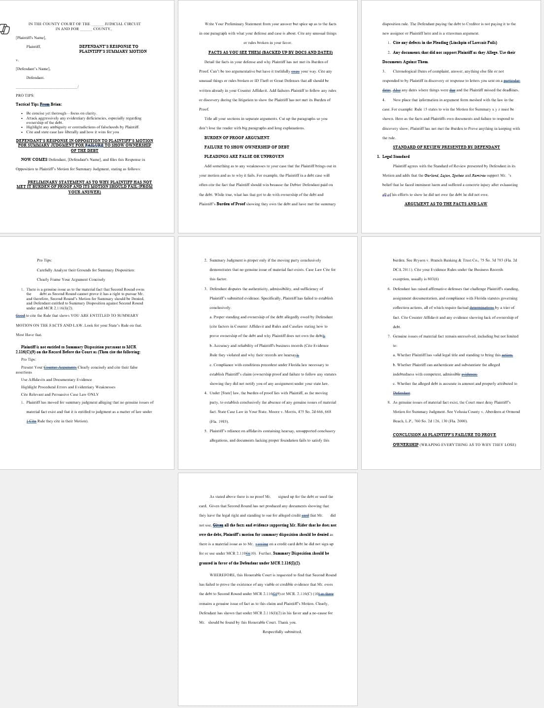Template for Summary Motion Response Instructions