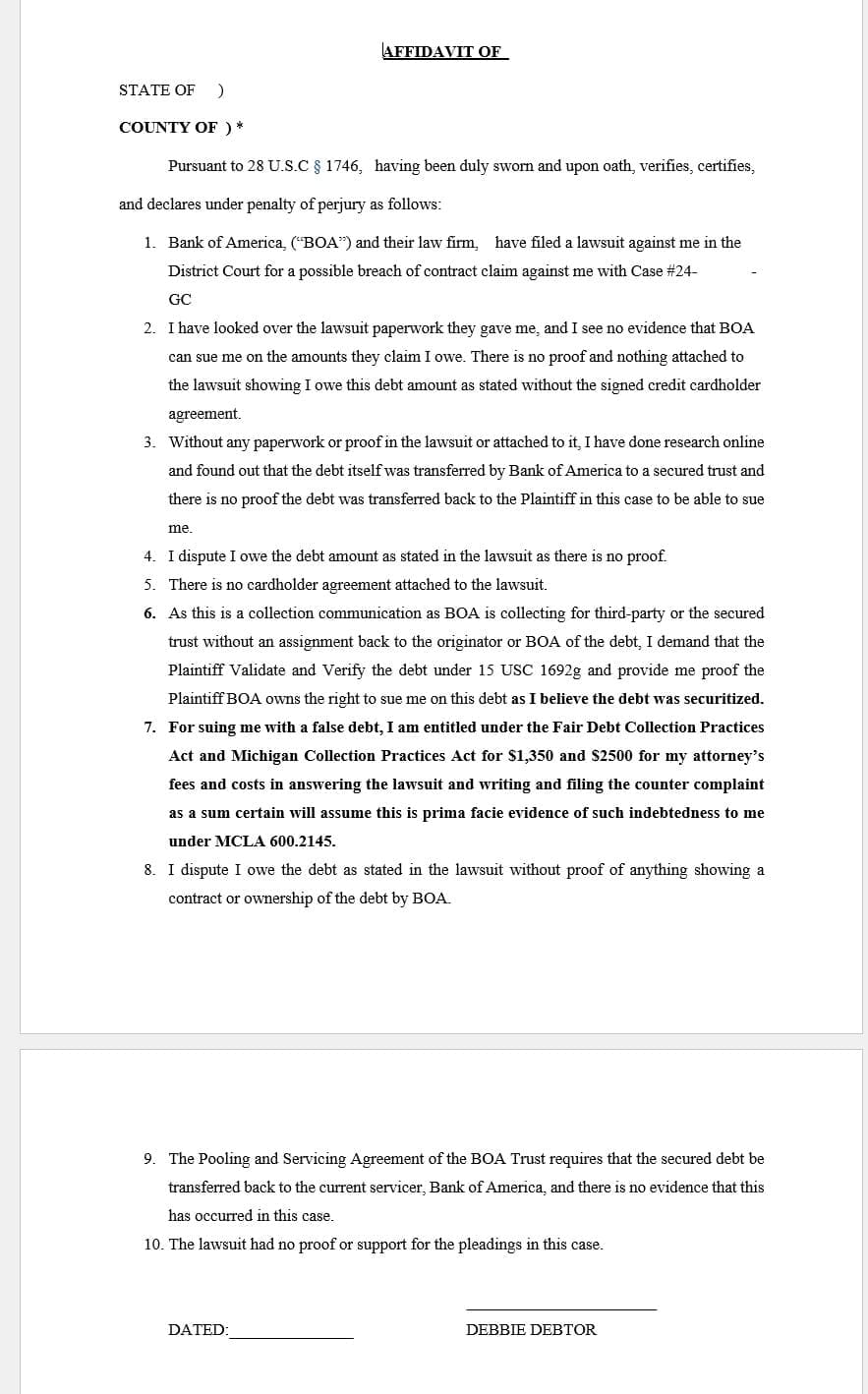 Affidavit of Dispute for BOA