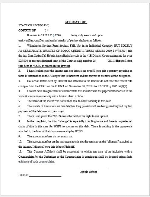 Affidavit of Dispute for Mortgage Debt