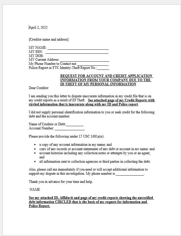 Creditor ID THEFT 1681g(e) Letter