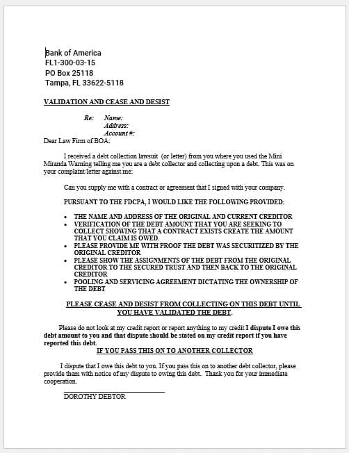 Creditor Validation Letter