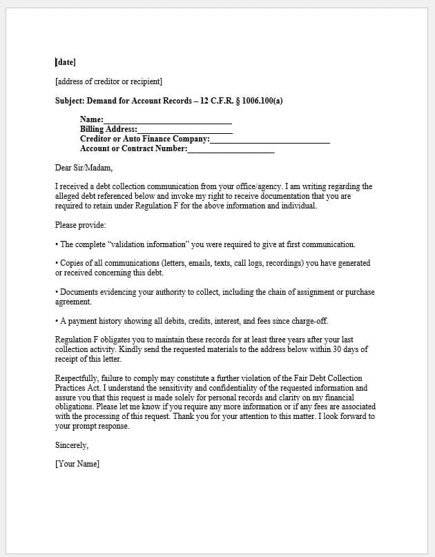 Debt Collector Record Preservation & Disclosure Letter