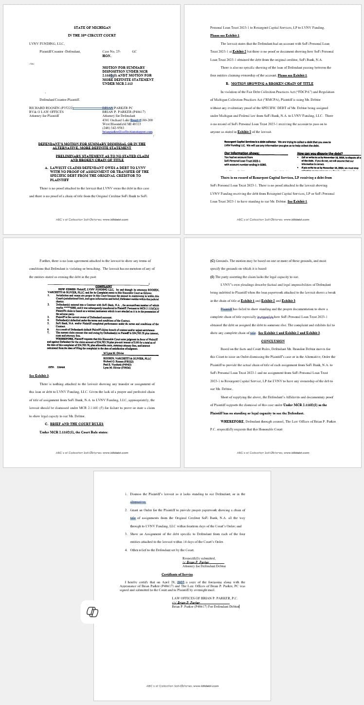 Defendant Motion v LVNV Funding for Dismissal or More Definite Statement