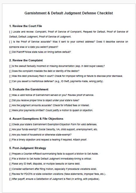Garnishment & Default Judgment Checklist