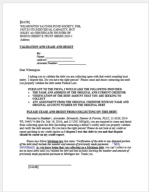 Mortgage Debt Validation Letter