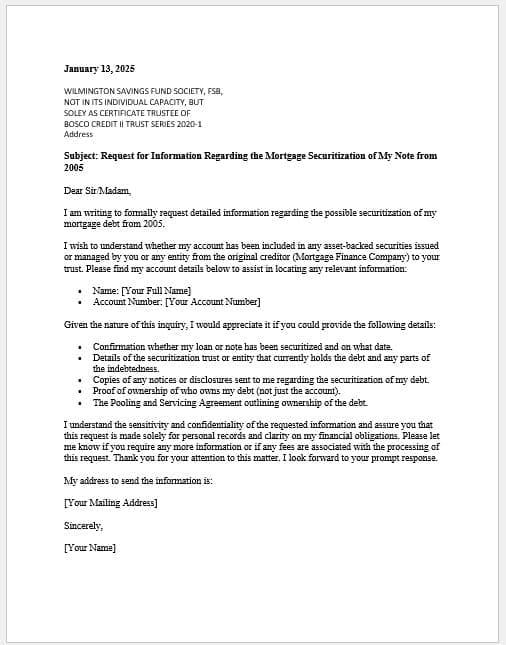 Mortgage Note Securitization Letter