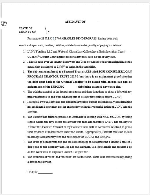 SOFI Affidavit to Dispute LVNV Debt