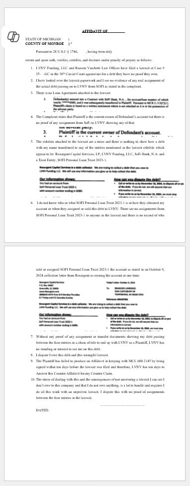 SOFI LVNV Counter Affidavit